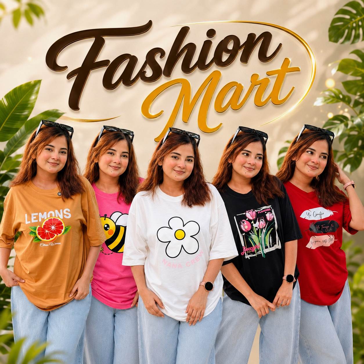 ৫ পিস টি-শার্ট কম্বো ৯৯৯ টাকা ( Lemon Beige / Bee Pink / Nana crew White / Tulip Black / Leaf Merun )