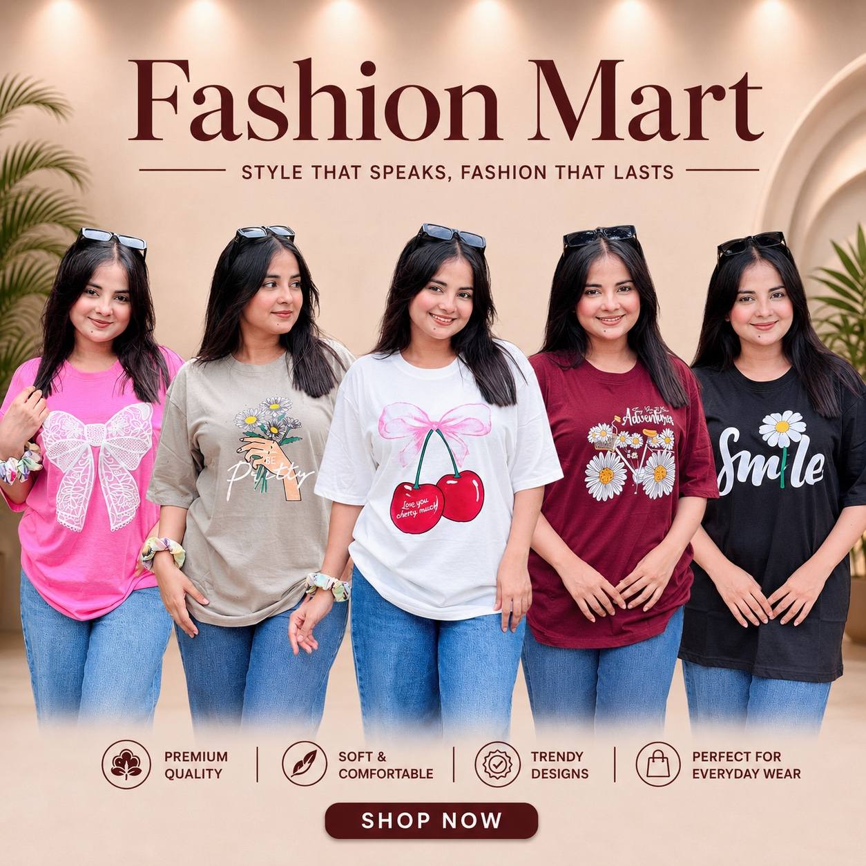 ৫ পিস টি-শার্ট কম্বো ৯৯৯ টাকা ( Adventure Merun / Preety Pest / BOW Pink / Cheery White / Smile Black )